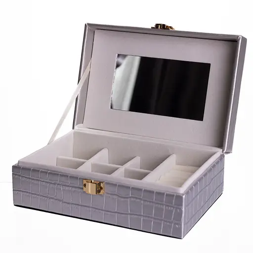 Скринька для прикрас з екошкіри 10 відділень із дзеркалом 20×14×8 см органайзер для прикрас Сірий Yiwu HP-5-19G - фото 4
