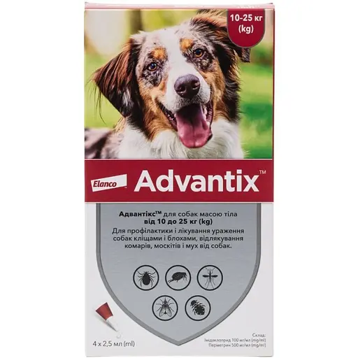 Краплі Elanco (Bayer) Advantix від бліх і кліщів для собак від 10 до 25 кг 10 мл (2.5 мл x 4 піпетки) (933784)