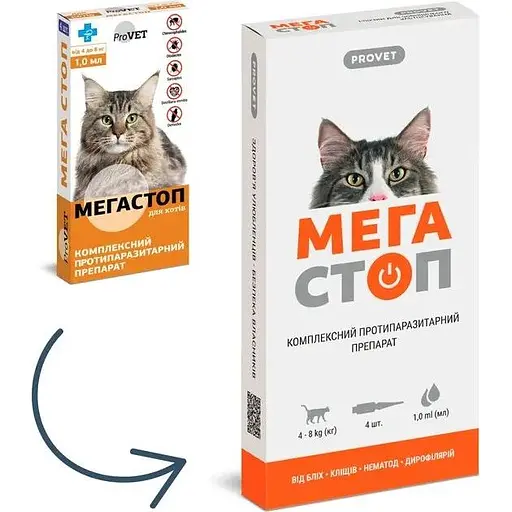 Капли на холку для кошек ProVET Мега Стоп от внешних и внутренних паразитов от 4 до 8 кг 4 пипетки по 1 мл (PR020074) - фото 2