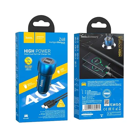 Адаптер автомобильный HOCO Type-C to Type-C Cable Tough dual port car charger Z48 |2Type-C, 40W/3A, PD/QC| - фото 2