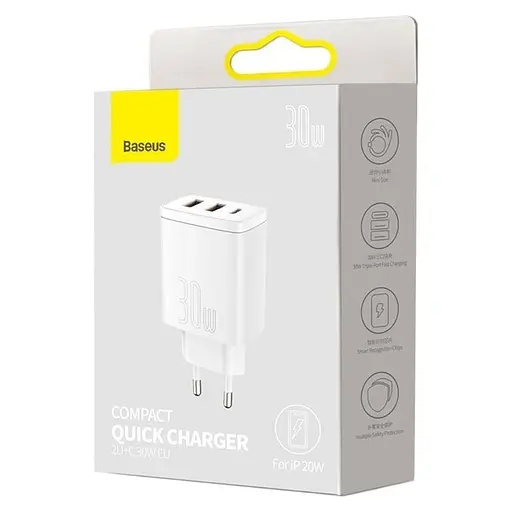 МЗП Baseus Compact Quick Charger 30W QC+PD (2USB-A/1C) (CCXJ-E) Білий - фото 5