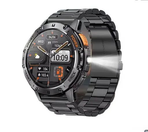 Тактические смарт часы с фонариком LEMFO K65 стальной ремешок Black (17452)