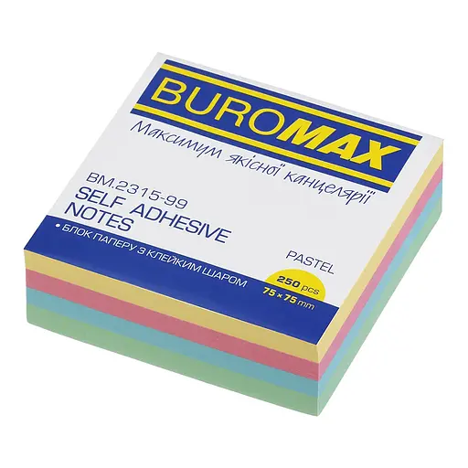 Блок для заметок с клейким слоем, 75x75 мм, 250 листов, пастель