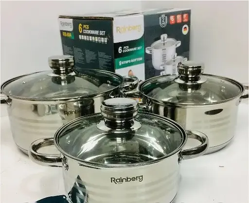 Набор кастрюль Rainberg RB-605 из 3-х кастрюль 6,3/7,1/9,4л с крышками из нержавеющей стали 6 предметов - фото 2