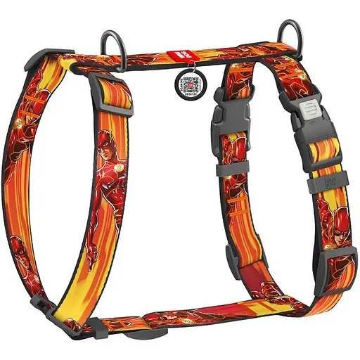 Шлейка для собак Waudog Nylon анатомическая H-образная с QR-паспортом, рисунок "Скорость Флеша", пластиковый фастекс, L