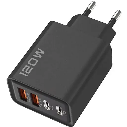 Зарядное устройство с двумя USB-портами, 120 Вт, 2 USB+2PD, черное