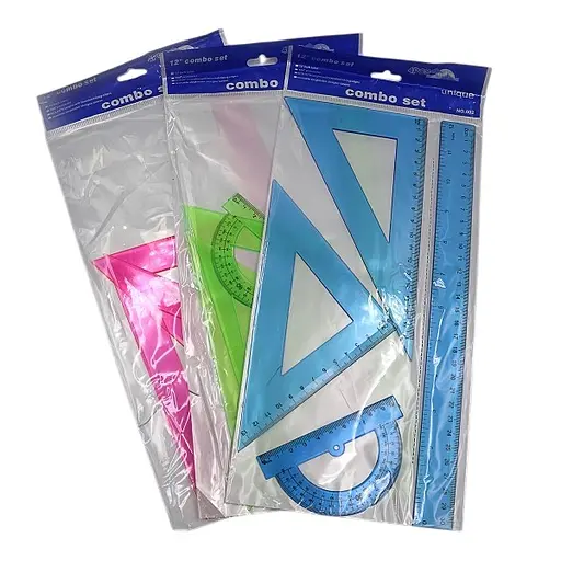 Набір кольоровий прозорий, 2 трикутники, транспортир, лінійка 30 см, 4 предмети (В асортименті)