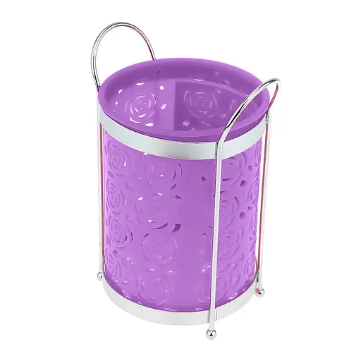 Підставка стійка хромована для столових приладів Троянди на ніжках пластмасова вставка Ø 10.5 см H 18 см, Kitchen Master Фіолетовий 86129 - фото 1