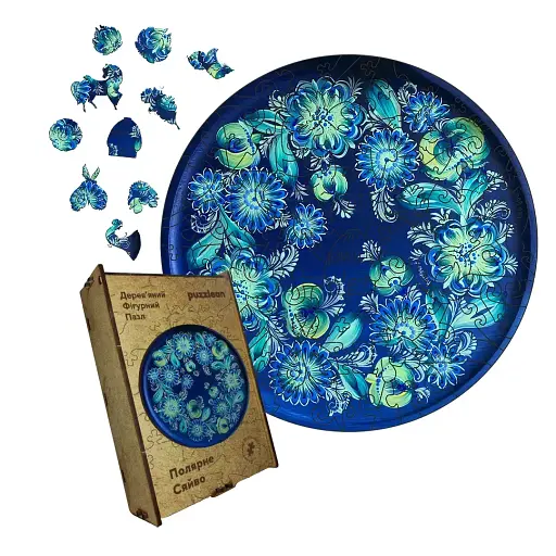 Дерев'яний фігурний пазл Петриківський Розпис Полярне Сяйво Катерини Каракуці, А3, Дерев'яна коробка 200 елементів