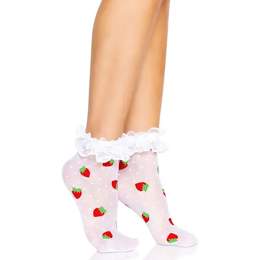 Шкарпетки жіночі з полуничним принтом Leg Avenue Strawberry ruffle top anklets One Size, мереживні м - фото 4