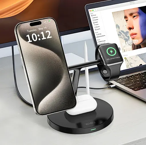 Бездротовий зарядний пристрій Wiwu Wi-W032 Magnetic Cableless Charger 4in1 Чорний - фото 3
