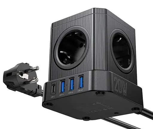 Мережевий зарядний пристрій подовжувач Hoco NS8 3 USB/Type-C 5 розеток 2 м - фото 2