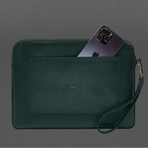 Кожаный чехол BlankNote для ноутбука на молнии с карманом и петлей на руку Зеленый - фото 5