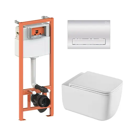 Подвесной унитаз Qtap Gemini Ultra Quiet + инсталляция Qtap Nest 4 в 1 (линейная клавиша Chrome), Белый - фото 1