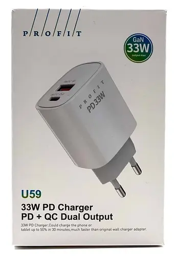 Блок живлення зарядний адаптер Profit U59 33 W 2 виходи USB + Type-C - фото 1