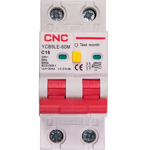 Дифференциальный автоматический выключатель CNC YCB9LE-80M 2P C16 6000A 30mA 230V