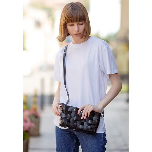 Шкіряна плетена жіноча сумка Пазл S вугільно-чорна - фото 7