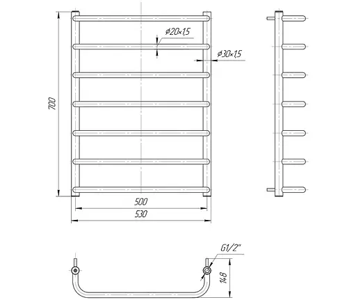 Водяна рушникосушка Mario Стандарт 700x530/500, Хром - фото 2