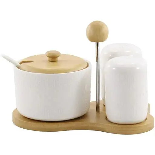 Набір для спецій Interos цукорниця+сільниця+перечниця на деревяній підставці порцелянові PJ02561