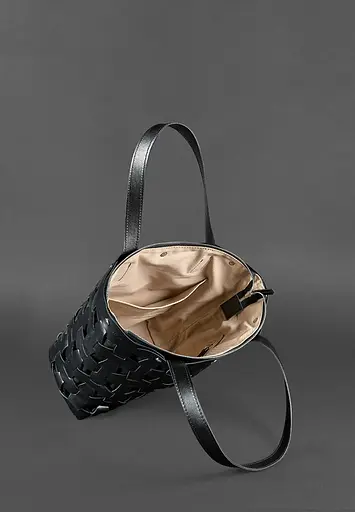 Шкіряна плетена жіноча сумка Пазл L вугільно-чорна - фото 6