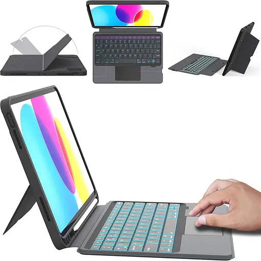Чохол ROOFEI для iPad 10-го покоління (10,9 дюйма, 2022 р.) зі знімною клавіатурою: 7-колірне підсвічування, сенсорна панель
