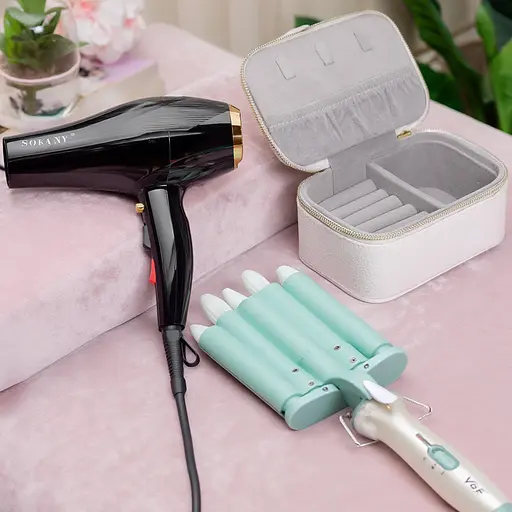 Подарунковий бокс: фен 2600 Вт + плойка VGR турмалінова кераміка + органайзери для прикрас з екошкіри CP2026-9