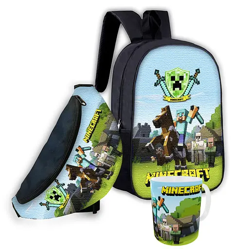 Набор детский Майнкрафт Крипер "Minecraft" рюкзак 36х27см сумка-бананка, кружка с принтом для мальчика (01552)