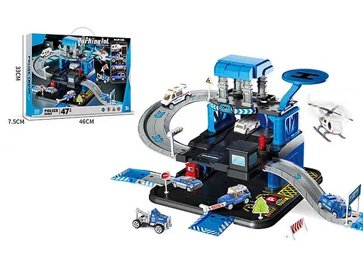 Трек-паркинг с транспортом, 3 металлопластиковые машинки, вертолет, 3 уровня, муляжи окружения, наклейки 666-12