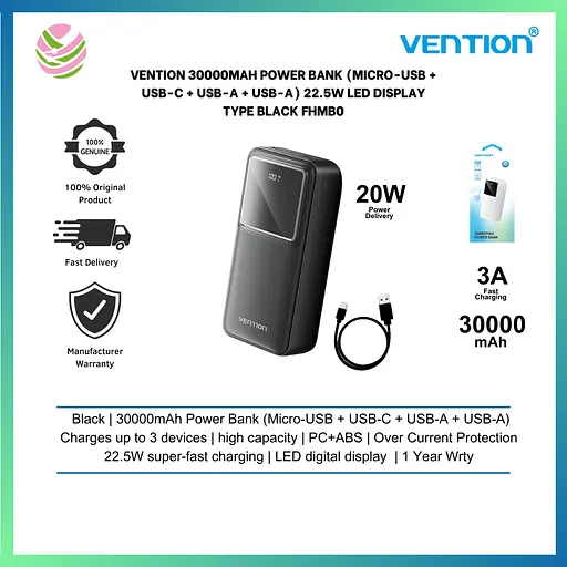 Зовнішній акумулятор Vention FHM 30000mAh 22.5W Power bank чорний - фото 3