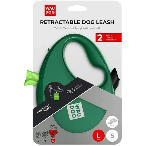 Повідець-рулетка для собак Waudog R-leash з контейнером для пакетів, світловідбивна стрічка, L, до 40 кг, 5 м, зелений - фото 6