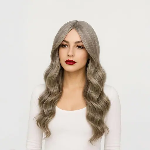 Парик серый пепельный волнистый без челки с пробором 60 см