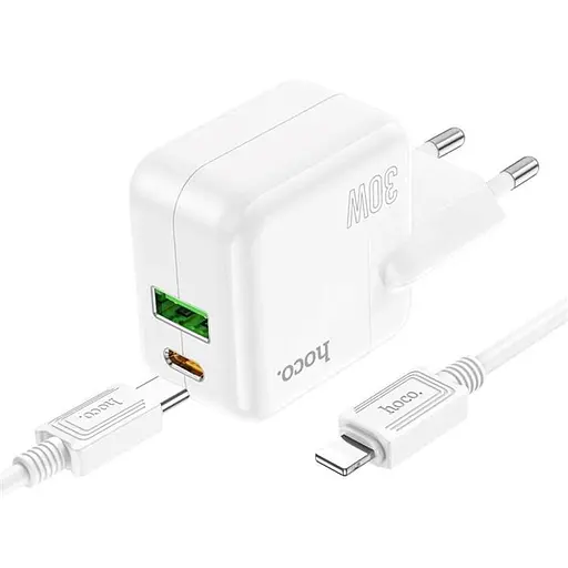 Зарядний набір блок Hoco C111A 2 порти USB A + C 30 Вт і кабель type-C Lightning - фото 1