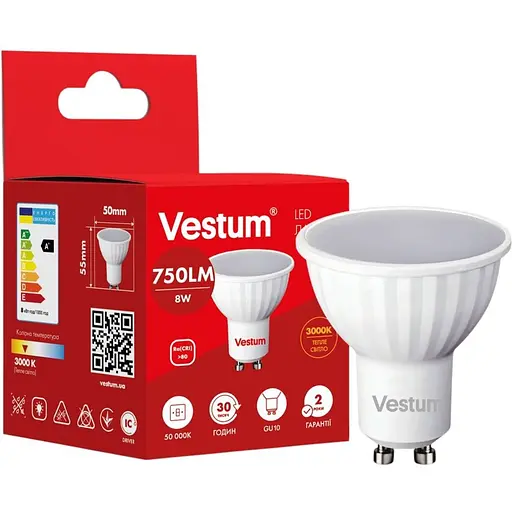 Світлодіодна лампа Vestum MR16 8W 3000K 220V GU10 1-VS-1507