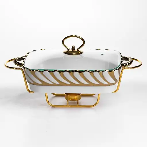 Мармитница фарфоровая Yiwu Tiffany 1 л со стеклянной крышкой на металлической подставке с подогревом 28х23х7 см мармит для первых блюд SG-428-11 - фото 1