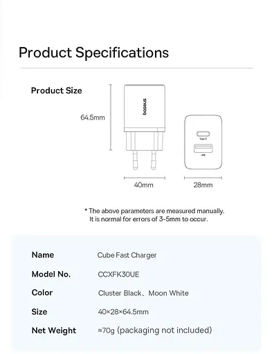Блок живлення зарядний адаптер Baseus Cube Fast Charger 2 порти C + U 30 W (P10111404113-00) чорний - фото 7