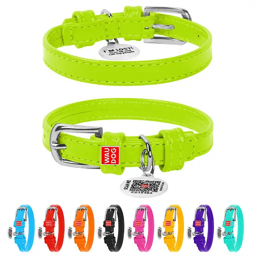 Ошейник для собак кожаный Waudog Glamour с QR-паспортом без украшений XS Ш 12 мм Д 21-29 см салатовый - фото 2