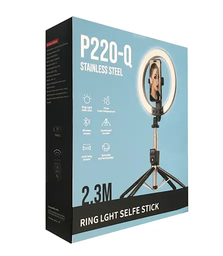 Монопод трипод бездротовий XO PRO Series P220Q LED LAMP AL 2.3 м з Bluetooth-комплексом ДК і лампою Чорний - фото 2