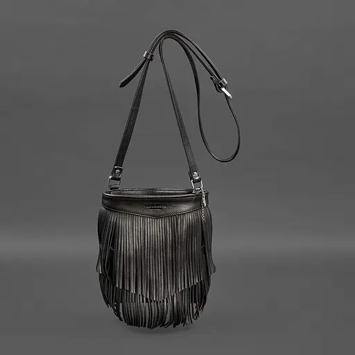 Шкіряна жіноча сумка з бахромою міні-кроссбоді Fleco чорна краст - фото 5