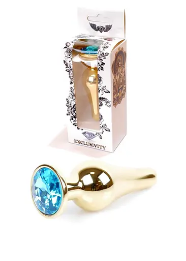 Металева анальна пробка з кристалом Boss Jewellery Gold Butt Plug Light 9.5 см (блакитний)