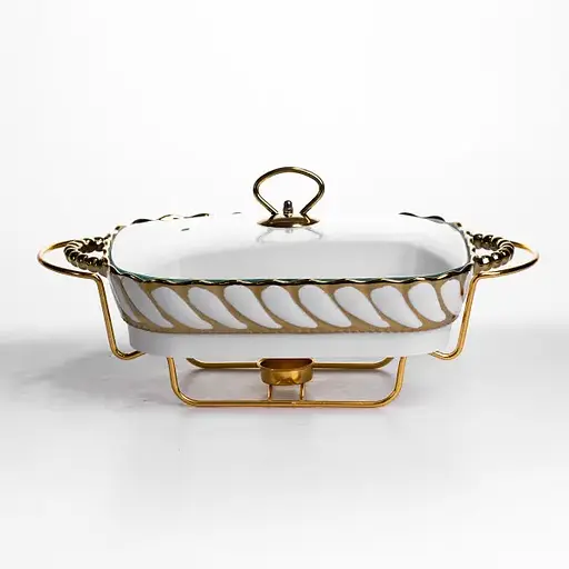 Мармитница фарфоровая Yiwu Tiffany 1.5 л со стеклянной крышкой на металлической подставке с подогревом 34х26х7 см мармит для первых блюд SG-428-13 - фото 4