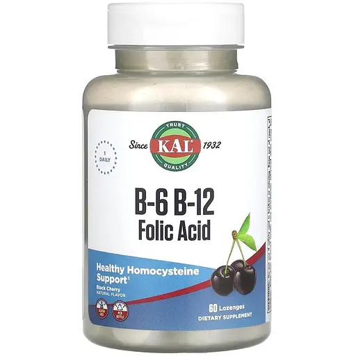 Вітаміни B6, B12 і фолієва кислота KAL B-6 B-12 Folic Acid, 60 пастилок для підтримки серцево-судинної системи - фото 1