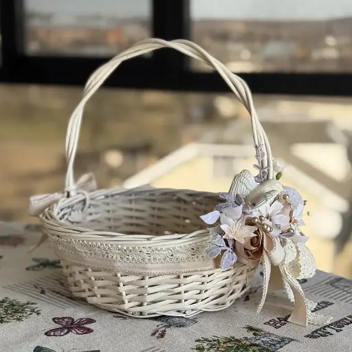 Пасхальная корзина 27×27×28 см hand-made MIS LT бежевая с кремовым декором круглая средняя - фото 3