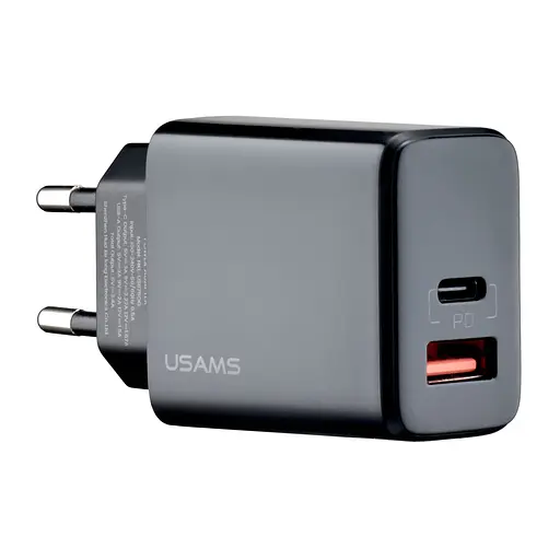 Мережевий зарядний пристрій Usams CC133 T40 QC3.0 + PD Digital Display Fast USB + Type-C Charger 20W ( EU ) Чорний - фото 1