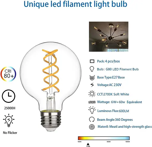 Вивчальний деревний глобус Світлодіодна лампочка Едісона, G80 6W м'який білий 2700 K, антикварна гнучка e27 - фото 3
