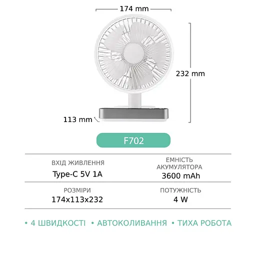Вентилятор настольный беспроводной GXQC F702 белый - фото 5