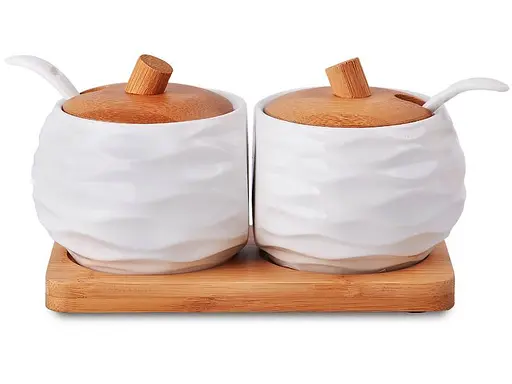 Набор баночек для специй и жидкости Lefard 944-00 органайзер 2 предмета с деревяной подставкой Белый - фото 1