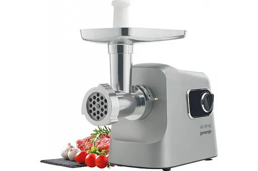 Gorenje Мясорубка, 2500Вт, 2.8кг/хв, 3 решітки, насадка для ковбас, кеббе, шнековий соковидавлювач, 3 терки, пластик/метал, нерж - фото 7