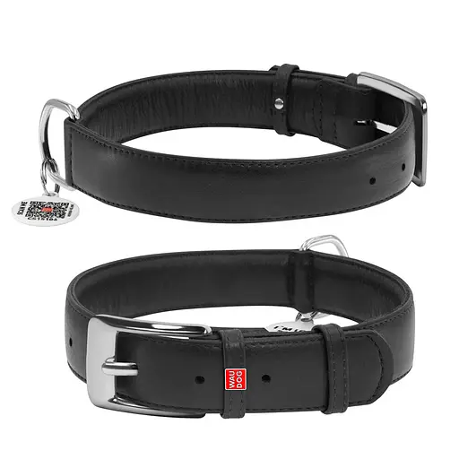 Ошейник для собак кожаный Waudog Glamour с QR-паспортом без украшений XL Ш 35 мм Д 46-60 см черный