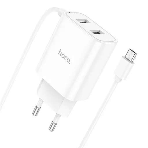 Зарядний пристрій Hoco C103A 2 порти + вбудований Micro USB кабель біле - фото 3