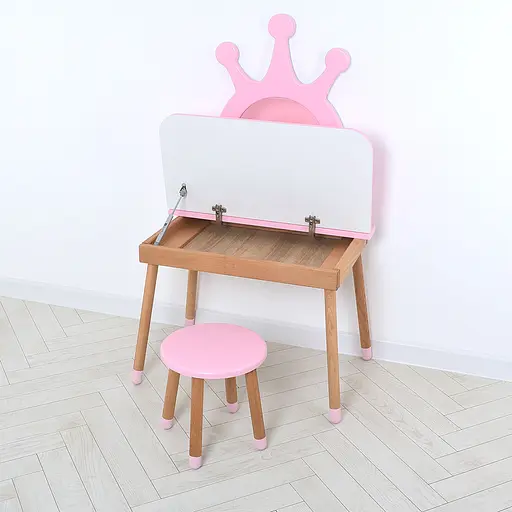 Детский столик-трюмо Bambi 03-01PINK-BOX Корона с деревянным стульчиком и зеркалом розовый - фото 2